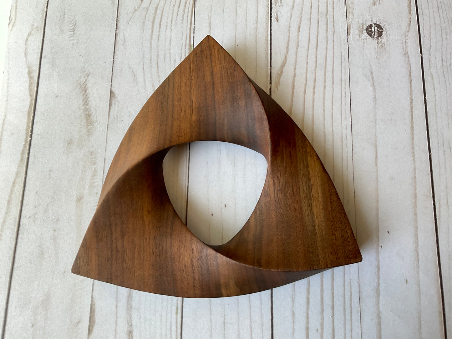 Penrose Triangle Inspired Walnut Wood Carving, 7.5 " diameter