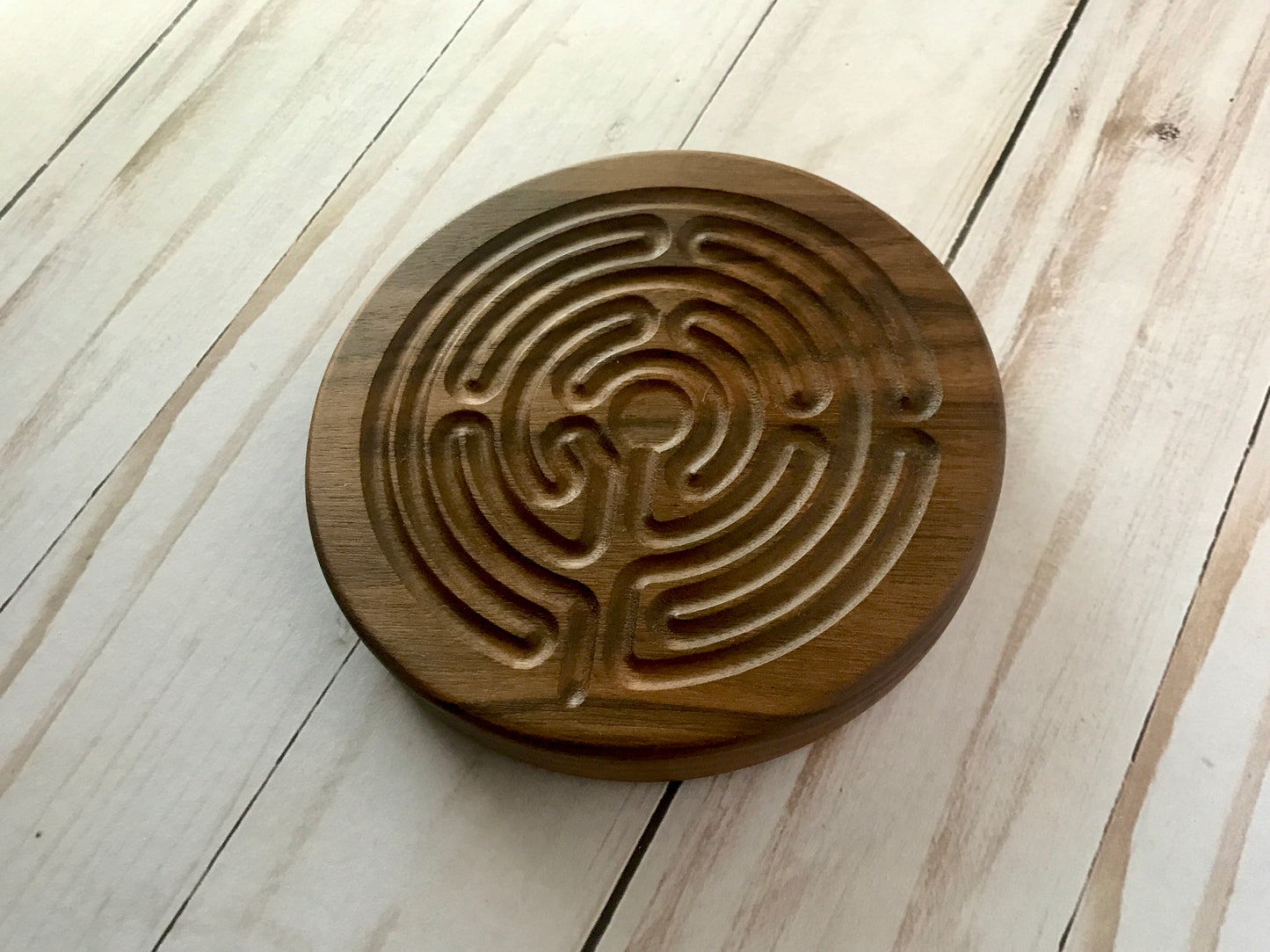 Small Chartres-style Finger Labyrinth, Walnut Wood, 4.75" diameter