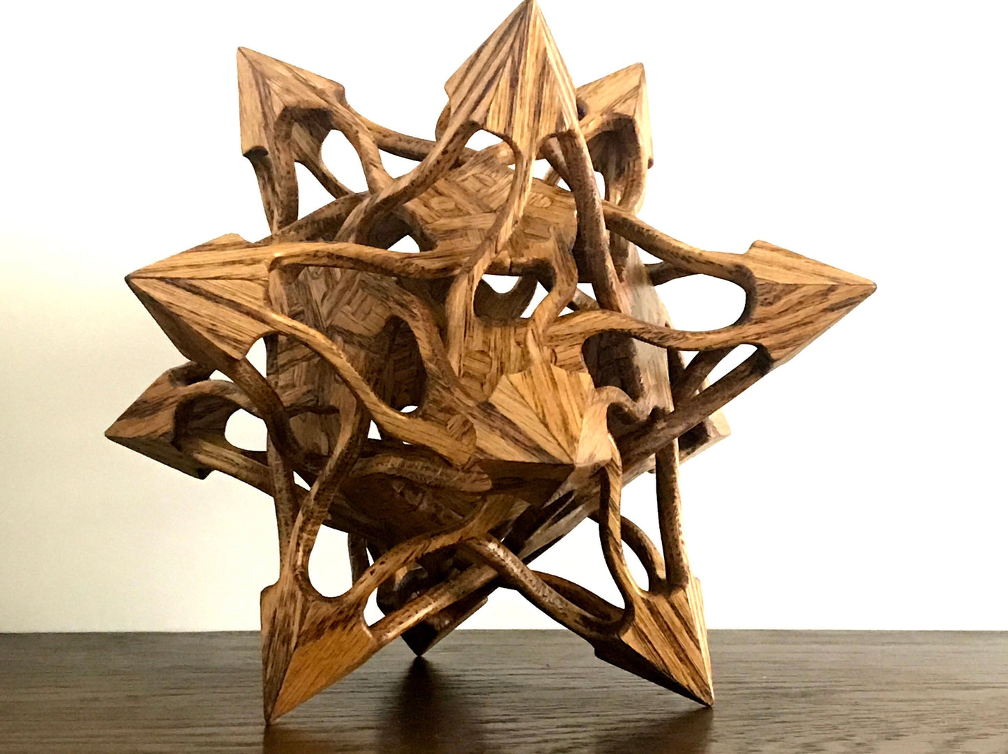 Stellated Dodecahedron Wooden Contemporary Sculpture, Oak Wood with Walnut Finish, 9"