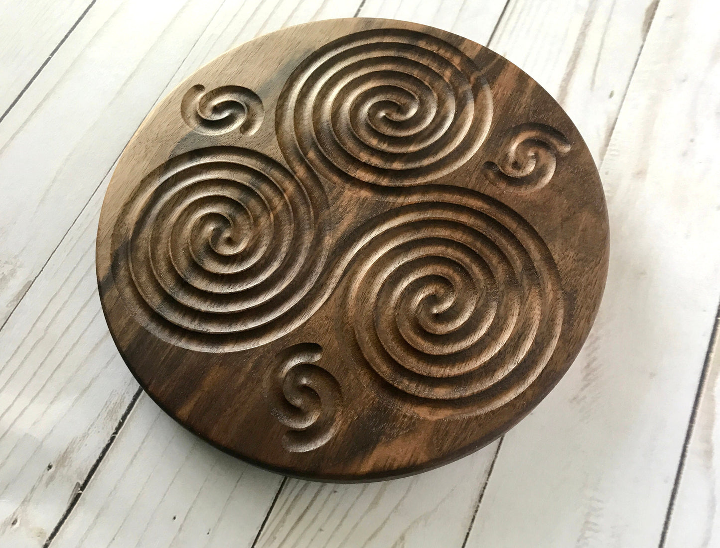 Triskelion Finger Labyrinth in Walnut, 7.5" diameter
