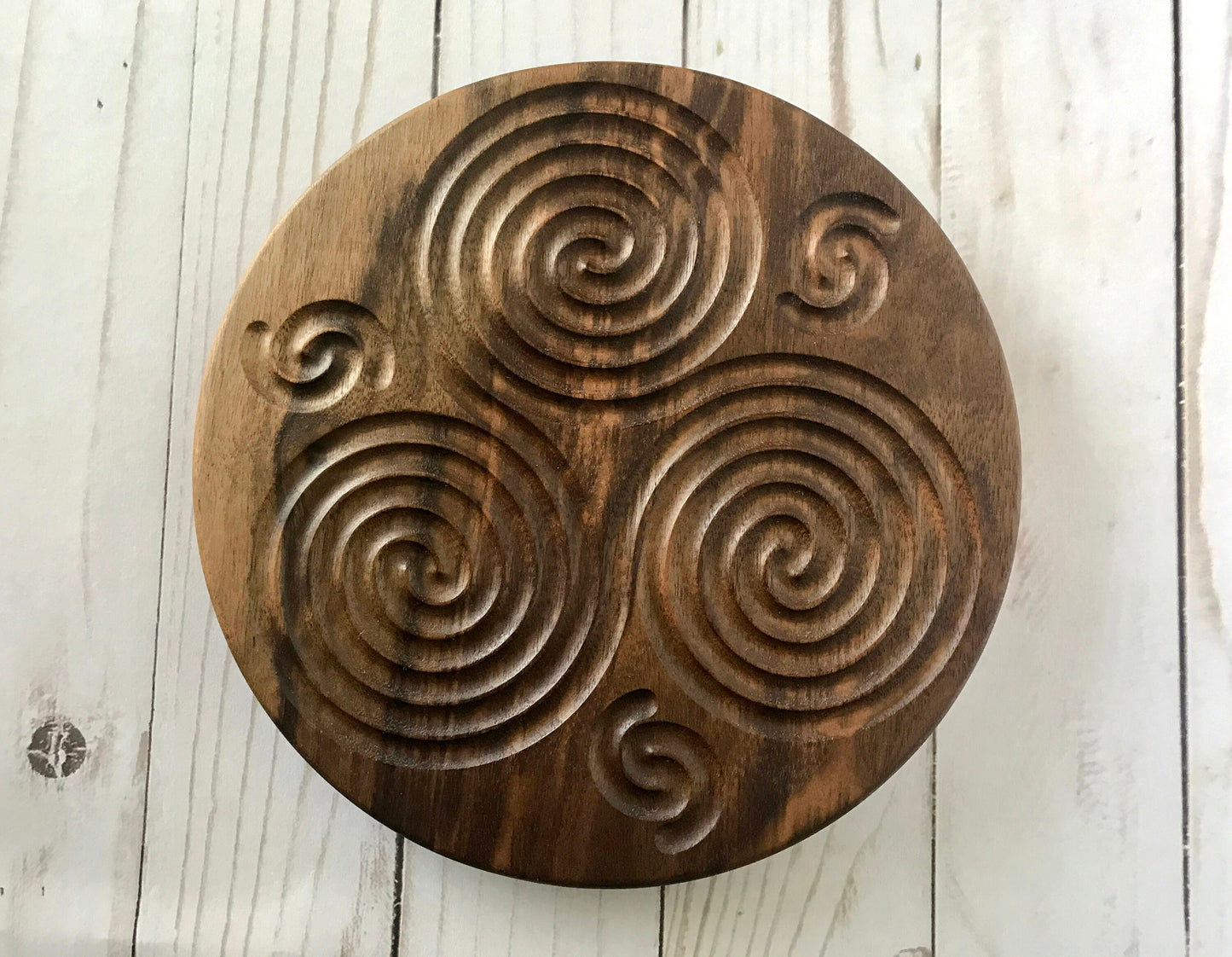Triskelion Finger Labyrinth in Walnut, 7.5" diameter