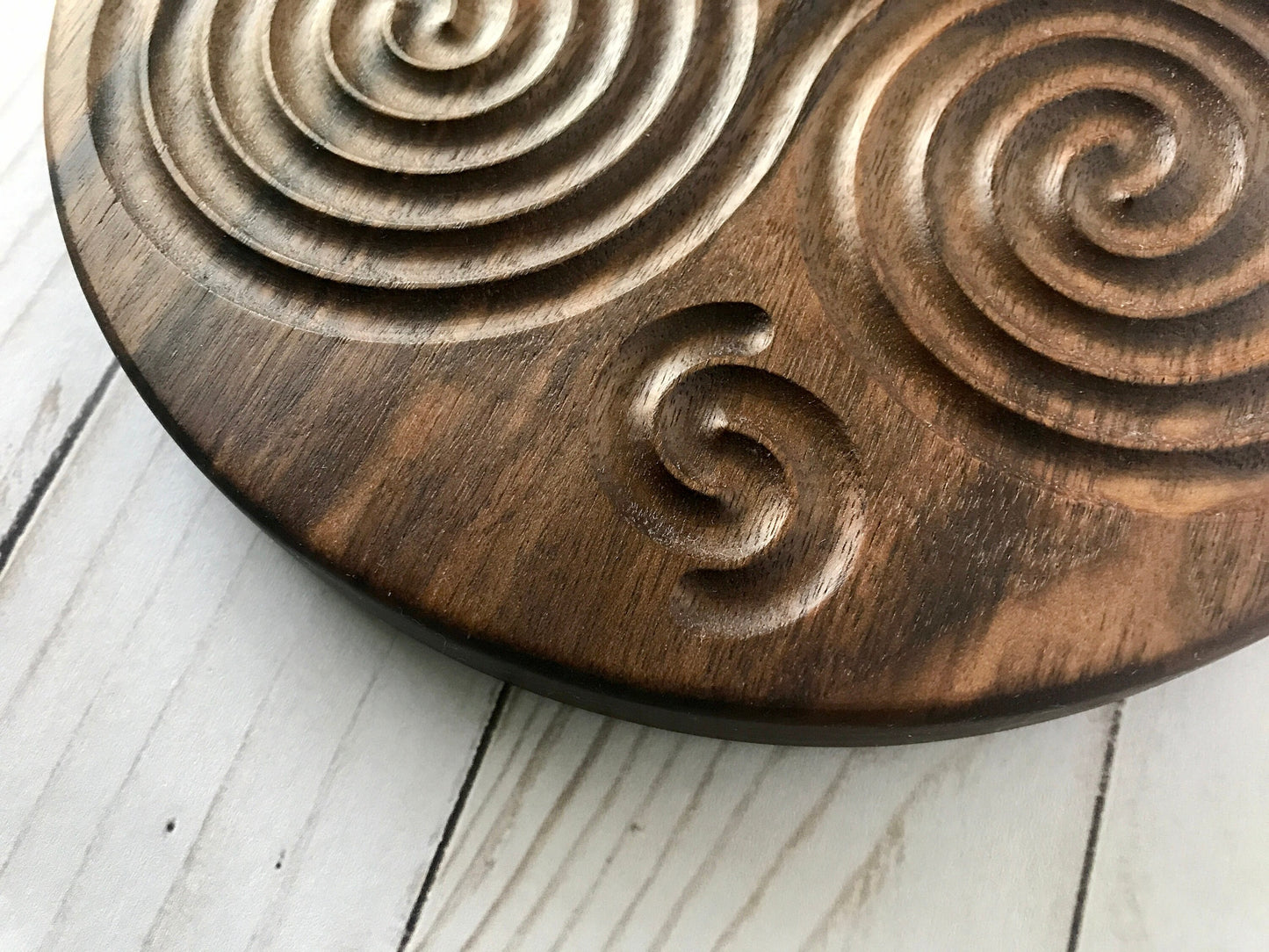 Triskelion Finger Labyrinth in Walnut, 7.5" diameter