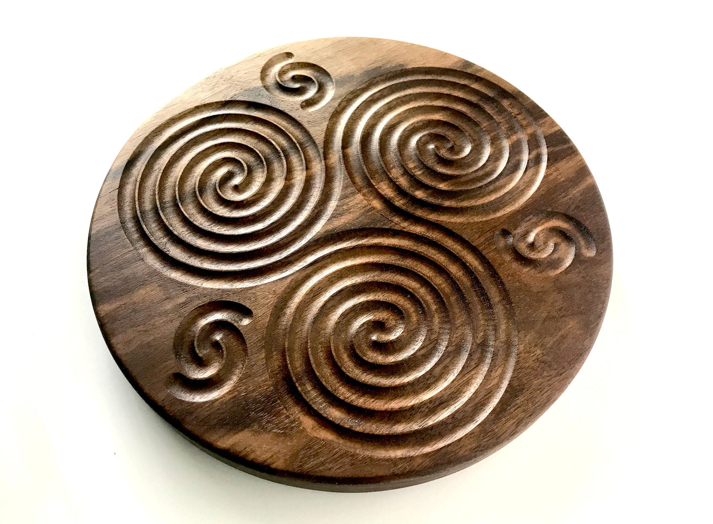 Triskelion Finger Labyrinth in Walnut, 7.5" diameter