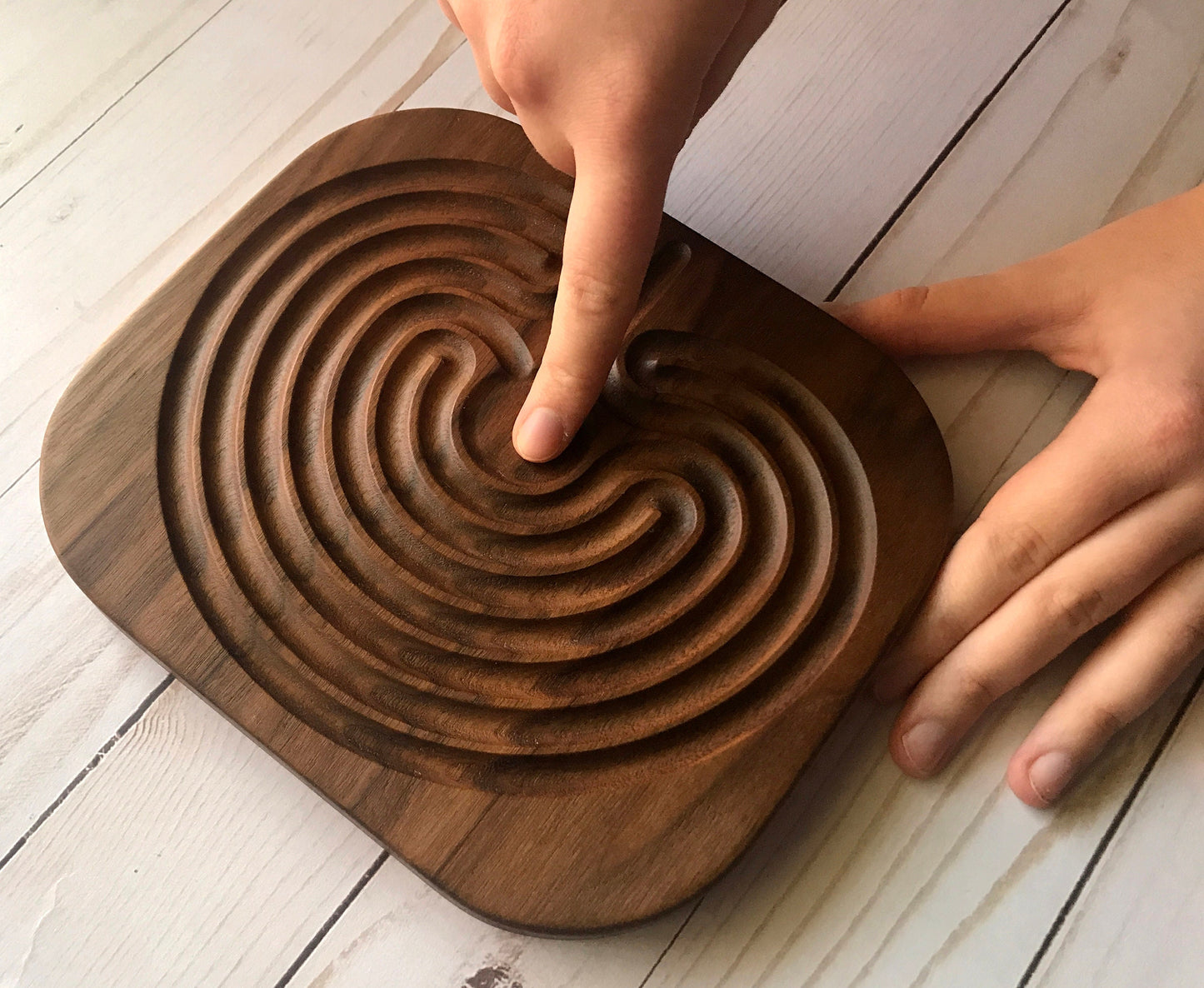Medium Classical Finger Labyrinth, Wide Grooves, Walnut Wood, 7.5" by 6.5"