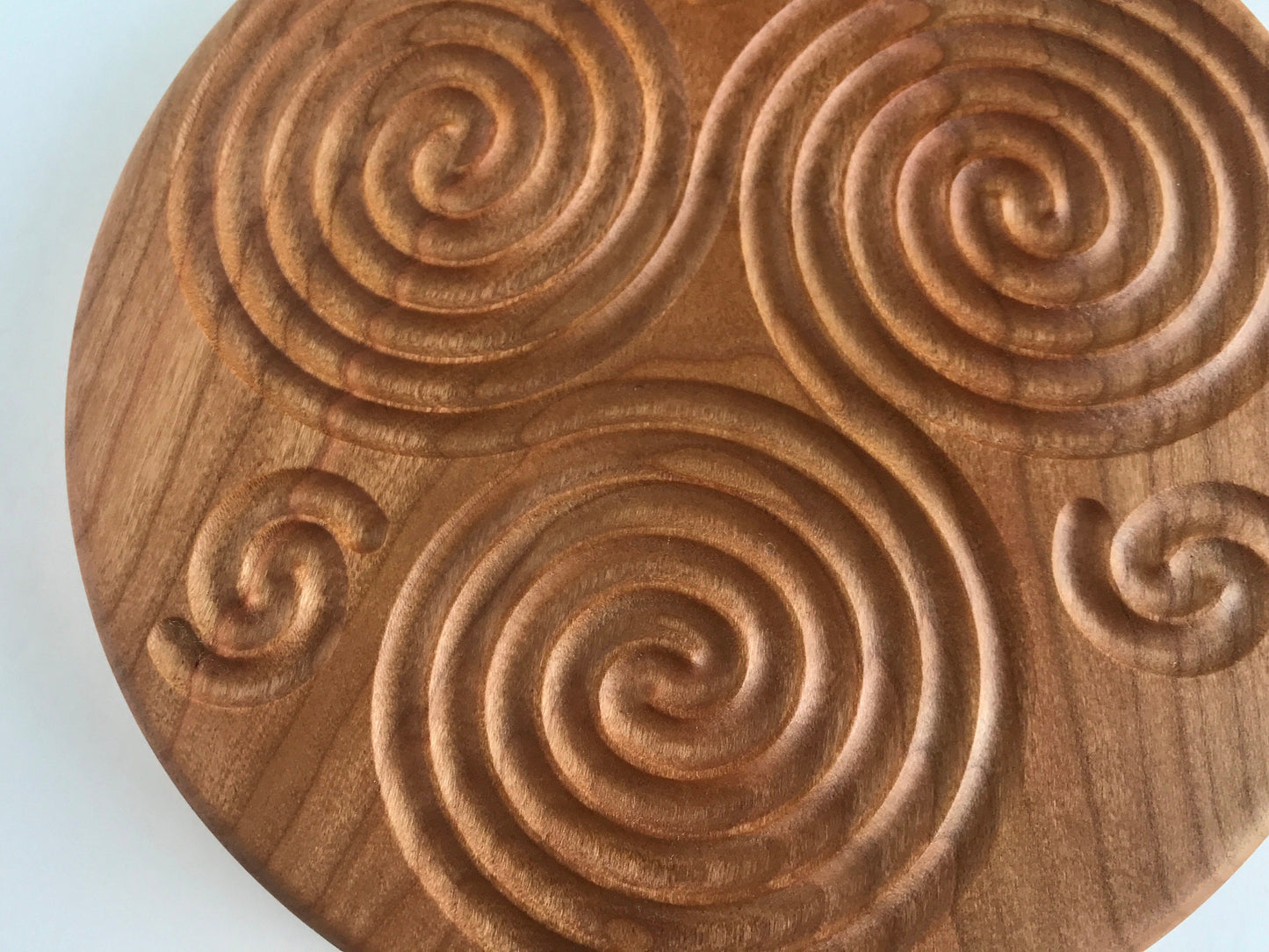 Triskelion Finger Labyrinth in Cherry Wood, 7.5" diameter