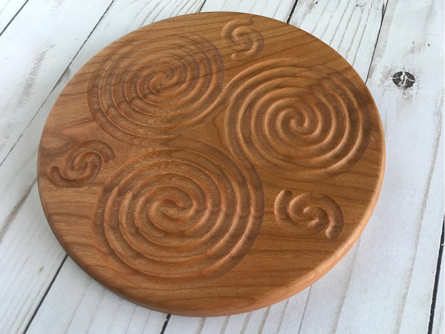 Triskelion Finger Labyrinth in Cherry Wood, 7.5" diameter
