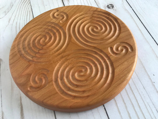 Triskelion Finger Labyrinth in Cherry Wood, 7.5" diameter