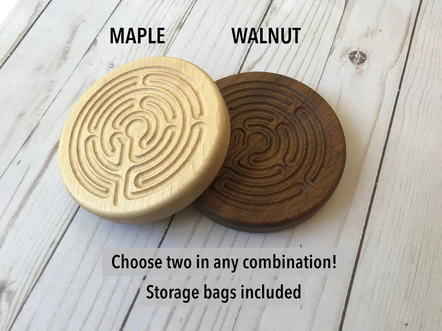 Bundle of Two Small Chartres-style Finger Labyrinth, Walnut and Maple Wood, 4.75" diameter