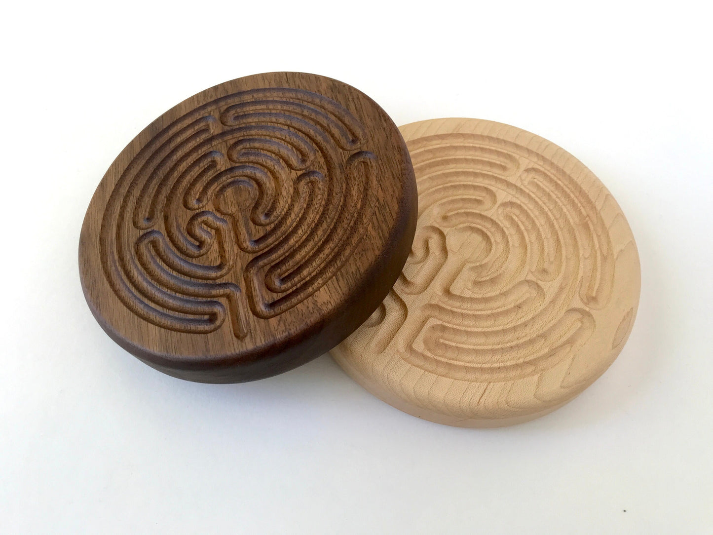 Bundle of Two Small Chartres-style Finger Labyrinth, Walnut and Maple Wood, 4.75" diameter