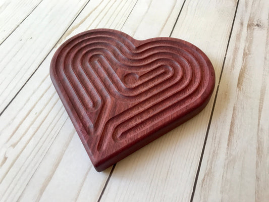 Medium Heart-shaped Finger Labyrinth, Purpleheart Wood, 6.5"