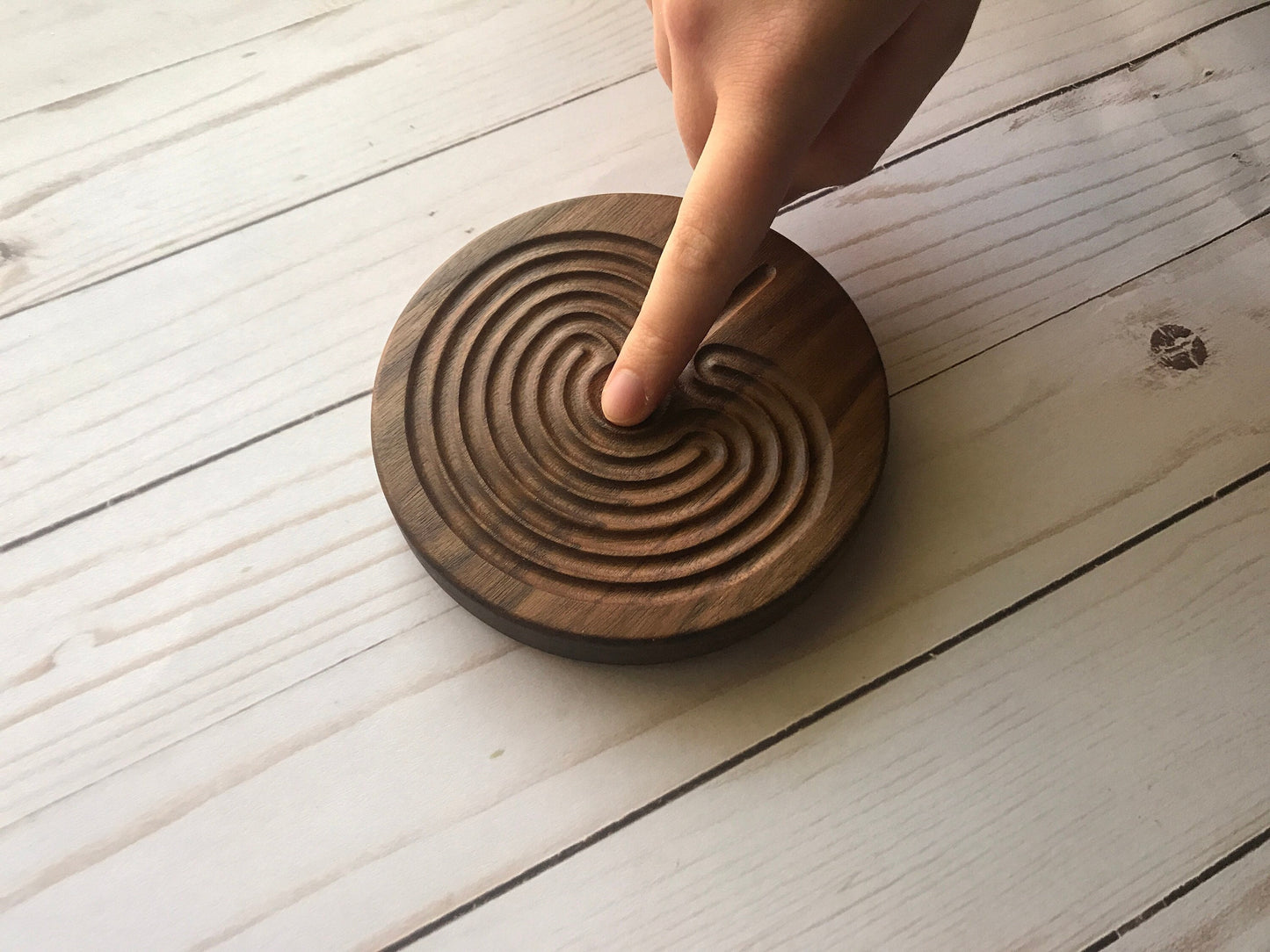 Small Classical Finger Labyrinth, Round, 4.75" diameter, Walnut Wood
