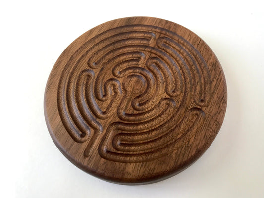 Small Chartres-style Finger Labyrinth, Walnut Wood, 4.75" diameter