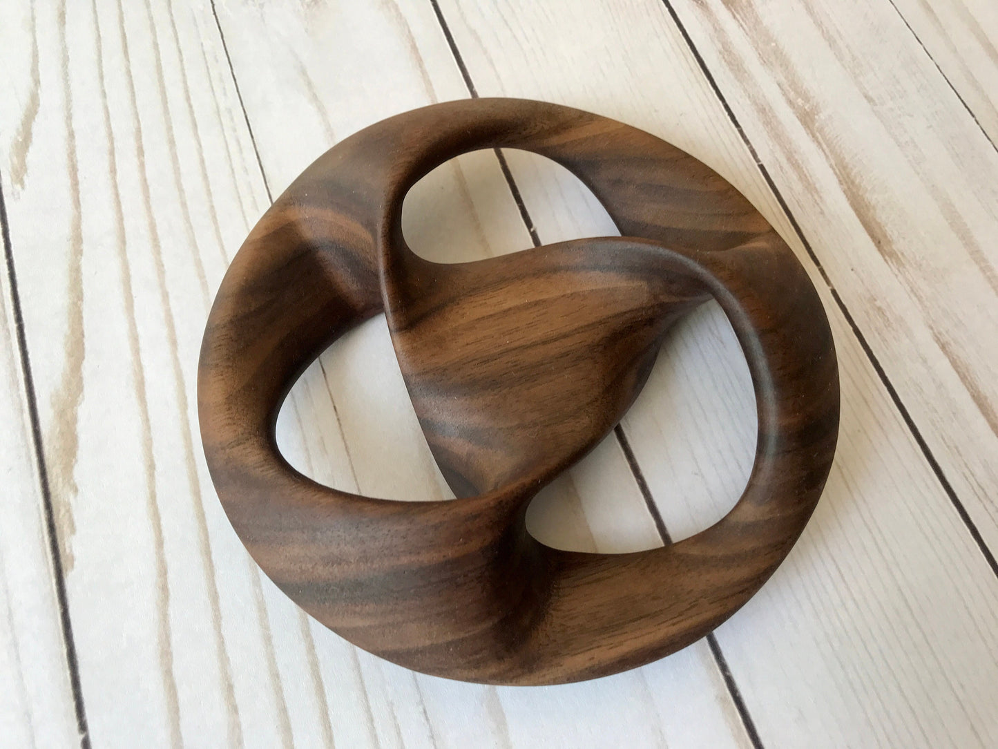 Triquetra Mobius Strip-like Wooden Sculpture, Walnut Wood, 5"