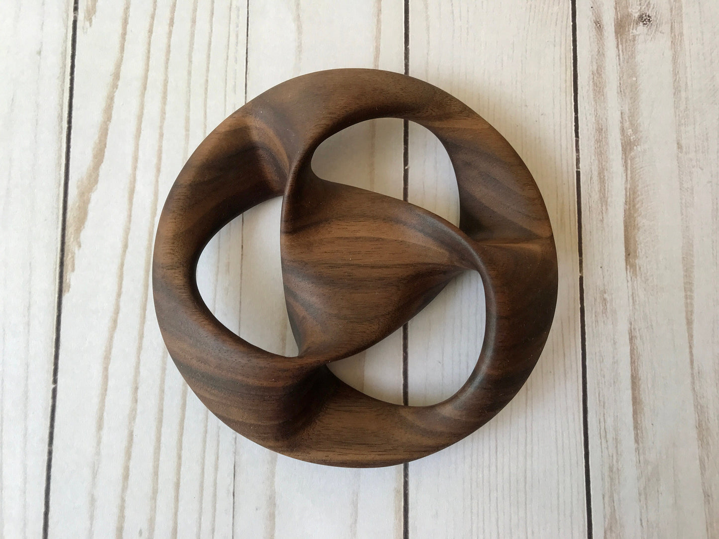 Triquetra Mobius Strip-like Wooden Sculpture, Walnut Wood, 5"