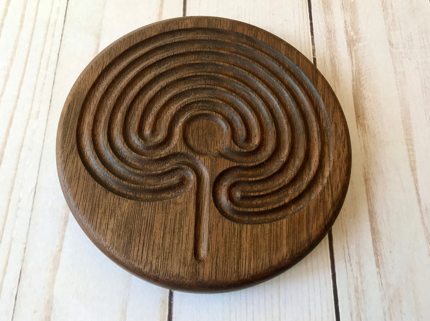 Small Classical Finger Labyrinth, Round, 4.75" diameter, Walnut Wood
