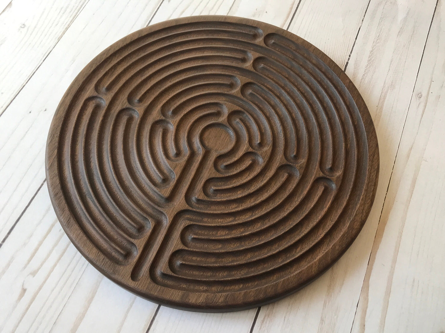 Large 11-circuit Chartres-style Finger Labyrinth, Maple/Walnut Wood, 10" diameter