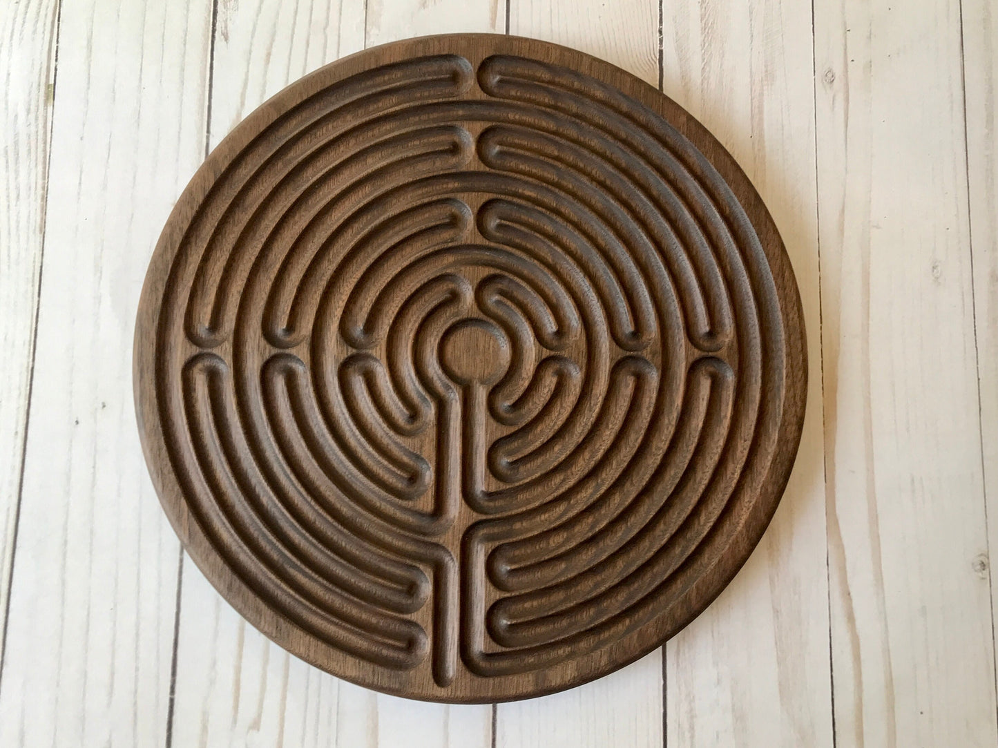Large 11-circuit Chartres-style Finger Labyrinth, Maple/Walnut Wood, 10" diameter