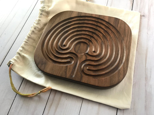 Medium Classical Finger Labyrinth, Wide Grooves, Walnut Wood, 7.5" by 6.5"