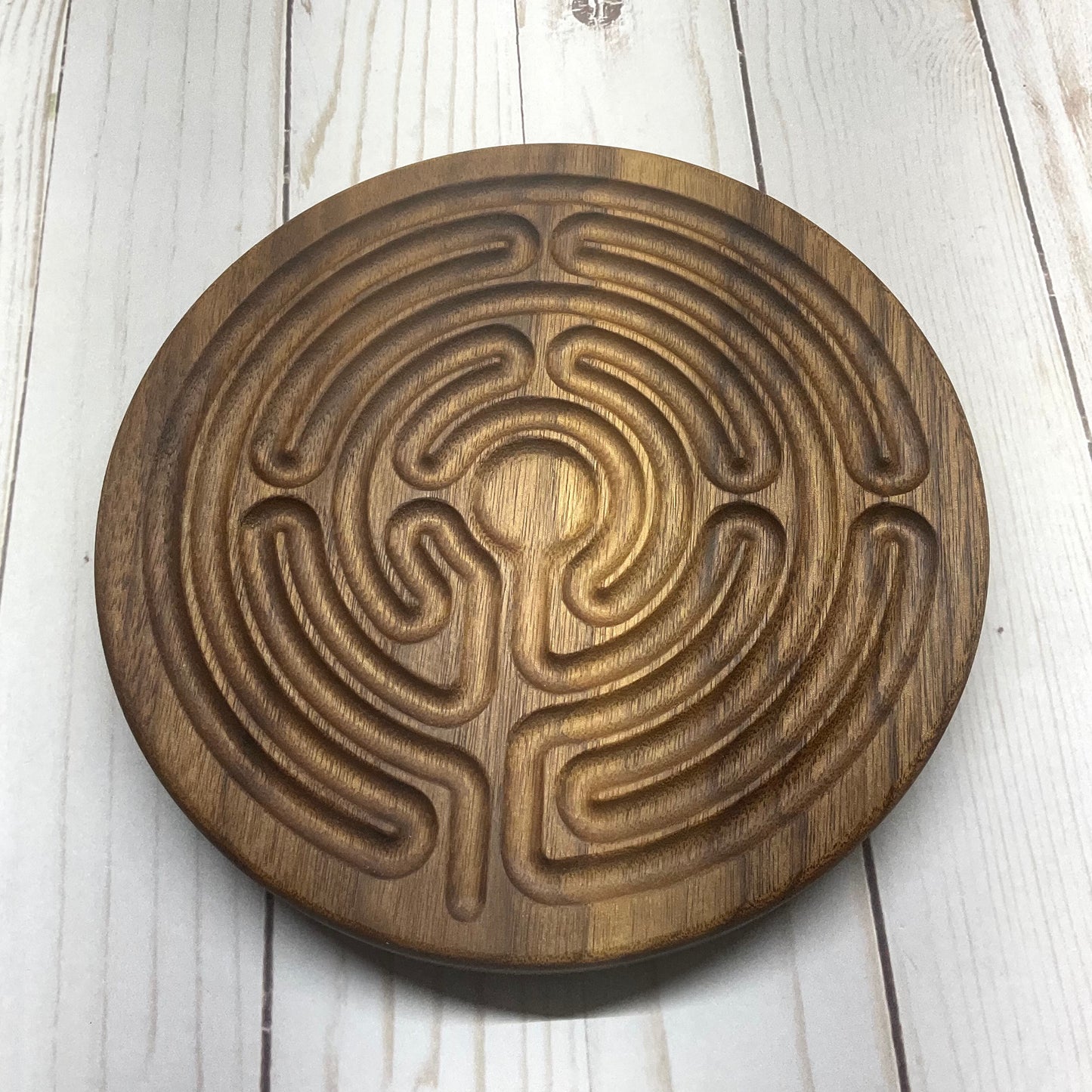 Medium Chartres-style Finger Labyrinth, Maple/Walnut Wood, 7.5" diameter