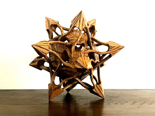 Stellated Dodecahedron Wooden Contemporary Sculpture, Oak Wood with Walnut Finish, 9"