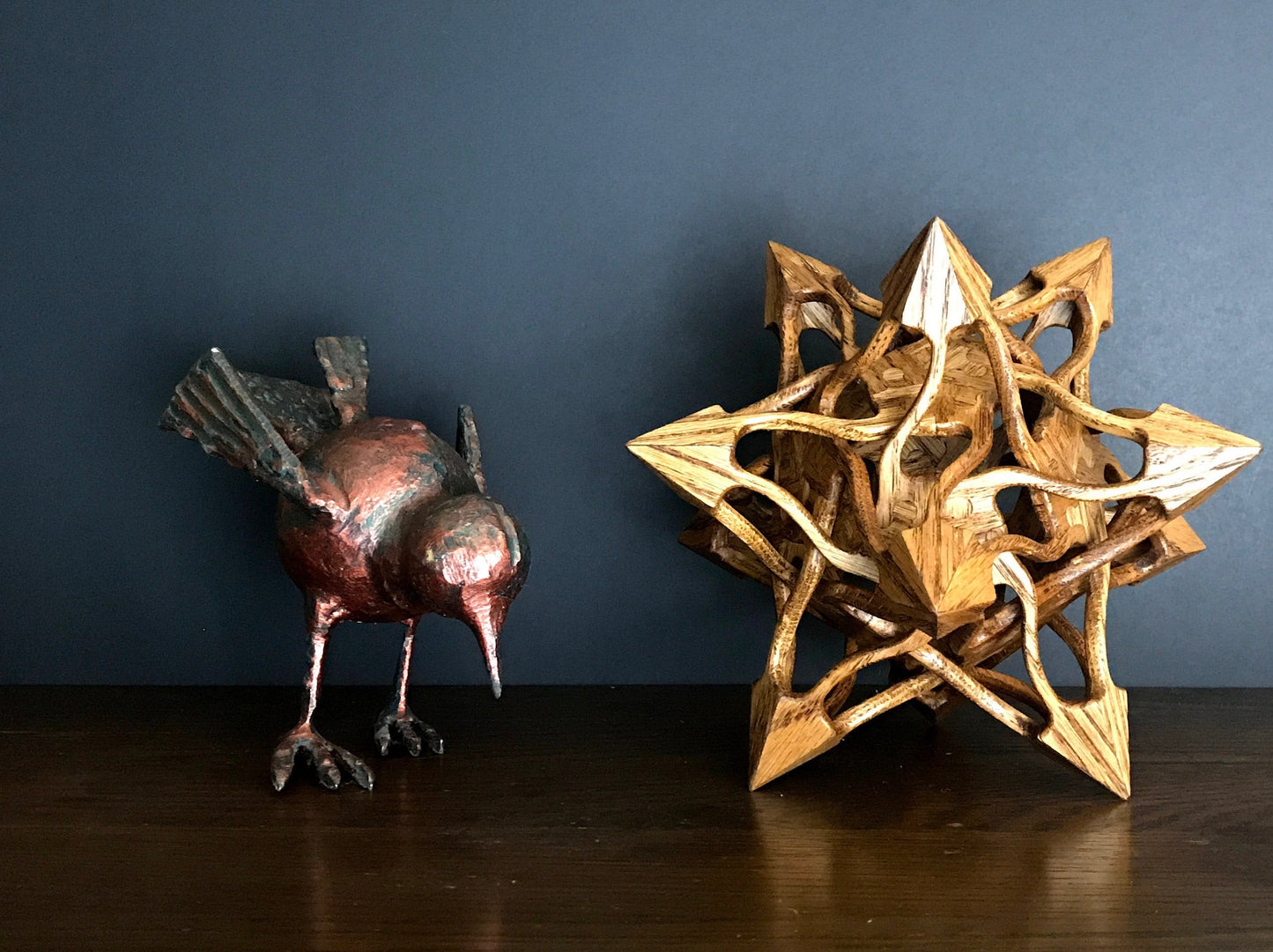 Stellated Dodecahedron Wooden Contemporary Sculpture, Oak Wood with Walnut Finish, 9"