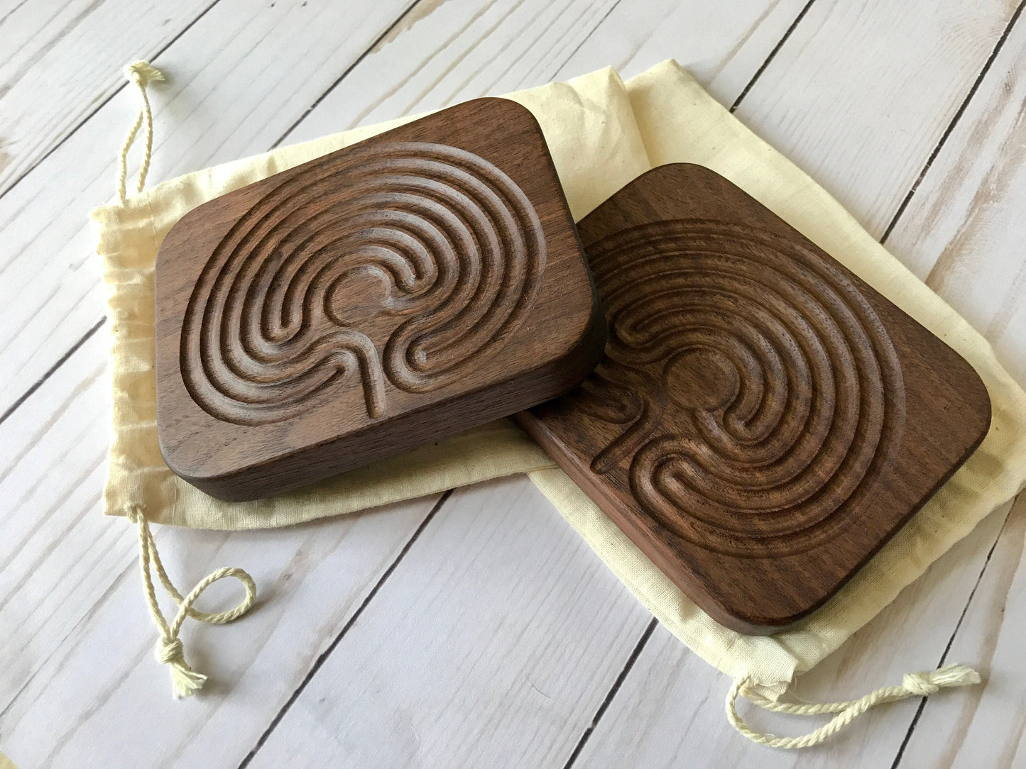 Bundle of Two Small Classical Finger Labyrinths, Walnut Wood, 4.75" by 3.75"