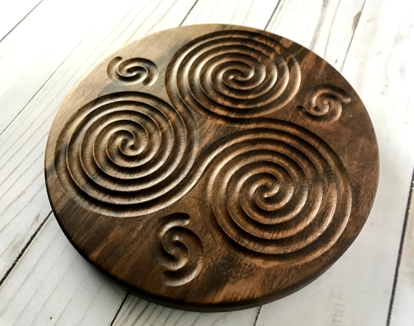 Round walnut wood triskelion finger labyrinth