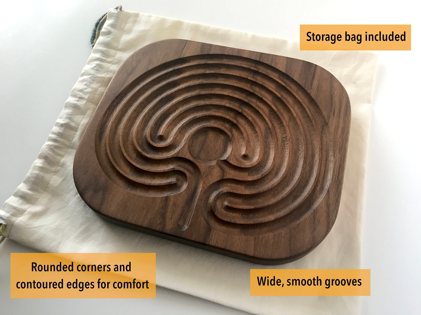 Medium Classical Finger Labyrinth, Wide Grooves, Walnut Wood, 7.5" by 6.5"