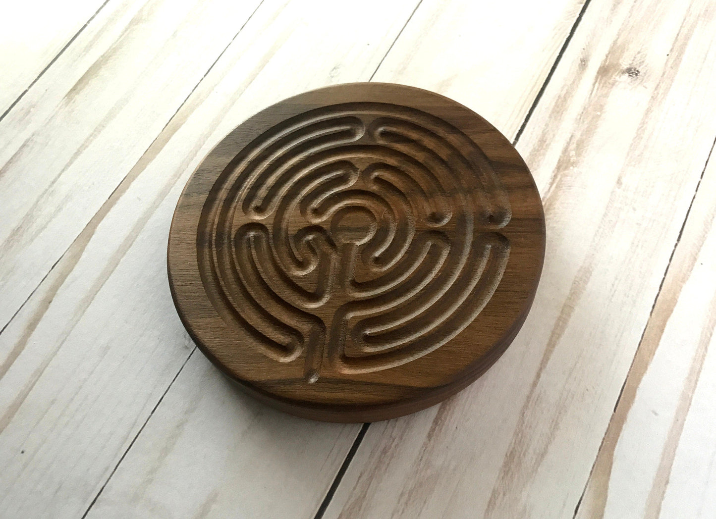 Small Chartres-style Finger Labyrinth, Walnut Wood, 4.75" diameter