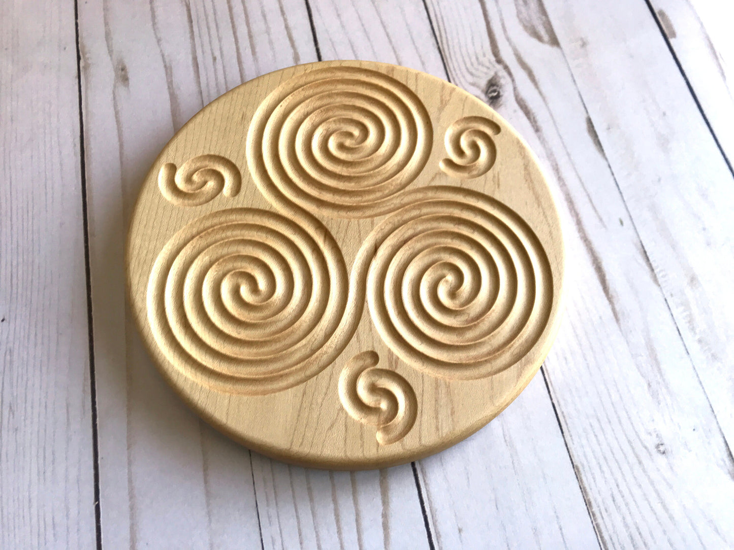 Triskelion Finger Labyrinth in Maple, 7.5" diameter