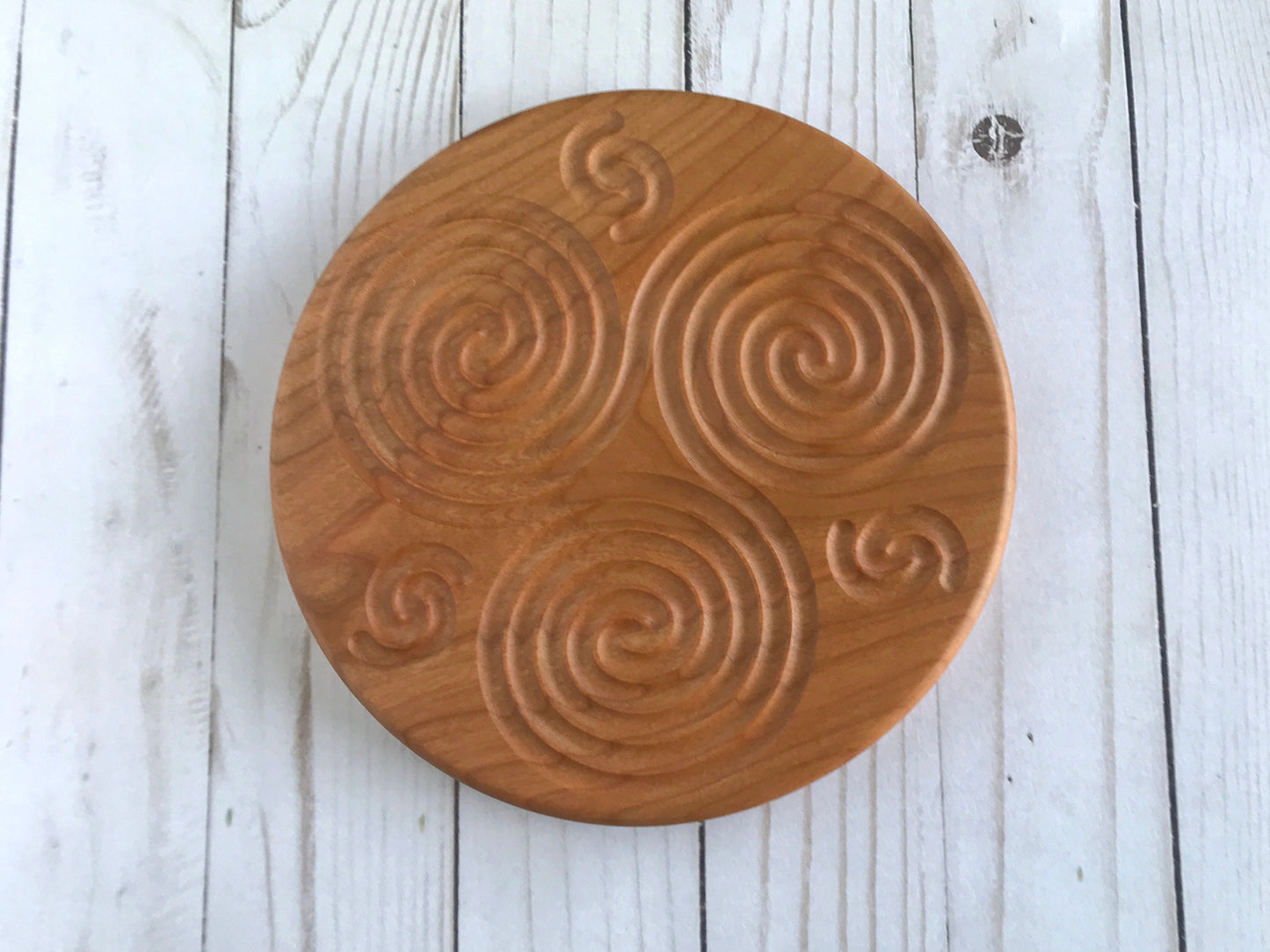 Triskelion Finger Labyrinth in Cherry Wood, 7.5" diameter