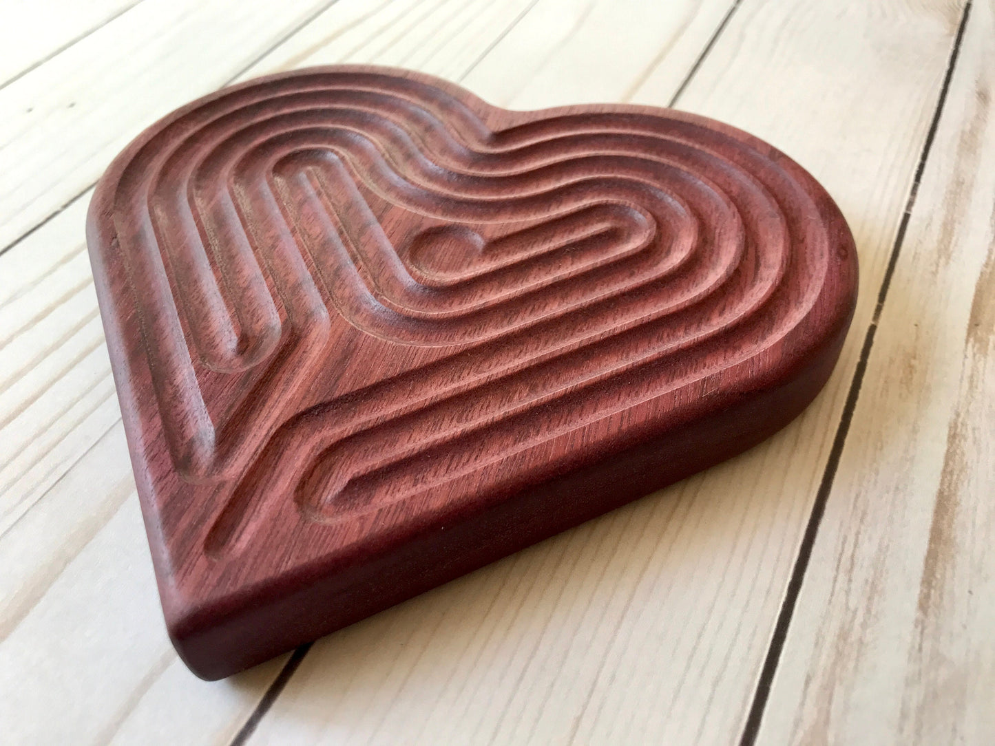 Medium Heart-shaped Finger Labyrinth, Purpleheart Wood, 6.5"