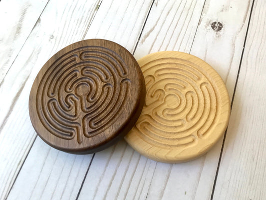 Bundle of Two Small Chartres-style Finger Labyrinth, Walnut and Maple Wood, 4.75" diameter