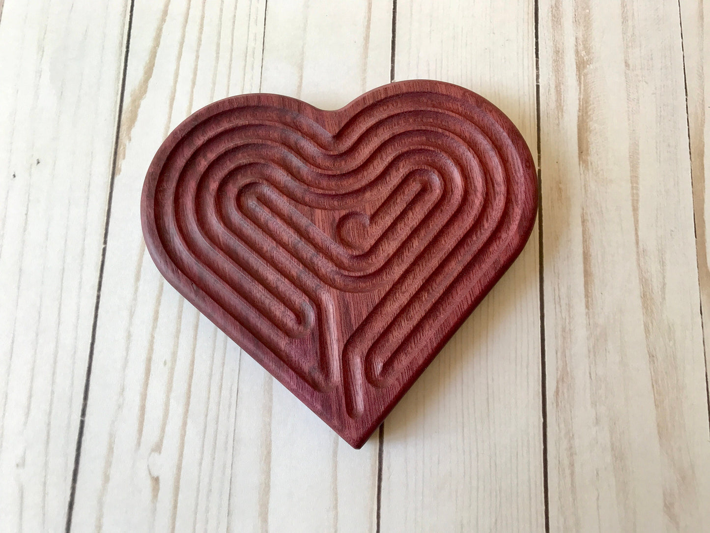 Medium Heart-shaped Finger Labyrinth, Purpleheart Wood, 6.5"