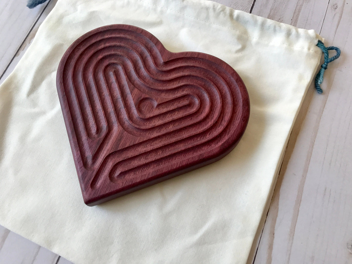 Medium Heart-shaped Finger Labyrinth, Purpleheart Wood, 6.5"