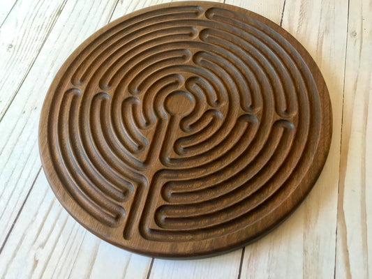 Large 11-circuit Chartres-style Finger Labyrinth, Maple/Walnut Wood, 10" diameter