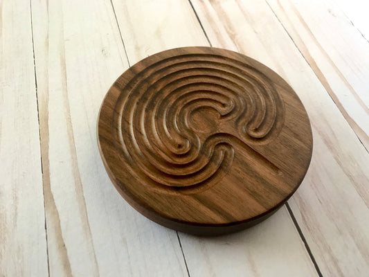 Small Classical Finger Labyrinth, Round, 4.75" diameter, Walnut Wood