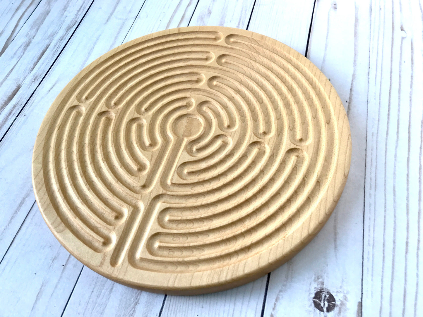 Large 11-circuit Chartres-style Finger Labyrinth, Maple/Walnut Wood, 10" diameter